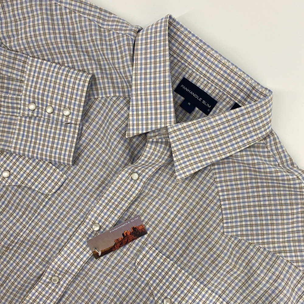 NEW Panhandle Slim Western Shirt Mens XL Blue Brown Plaid Pearl Snap Cowboy